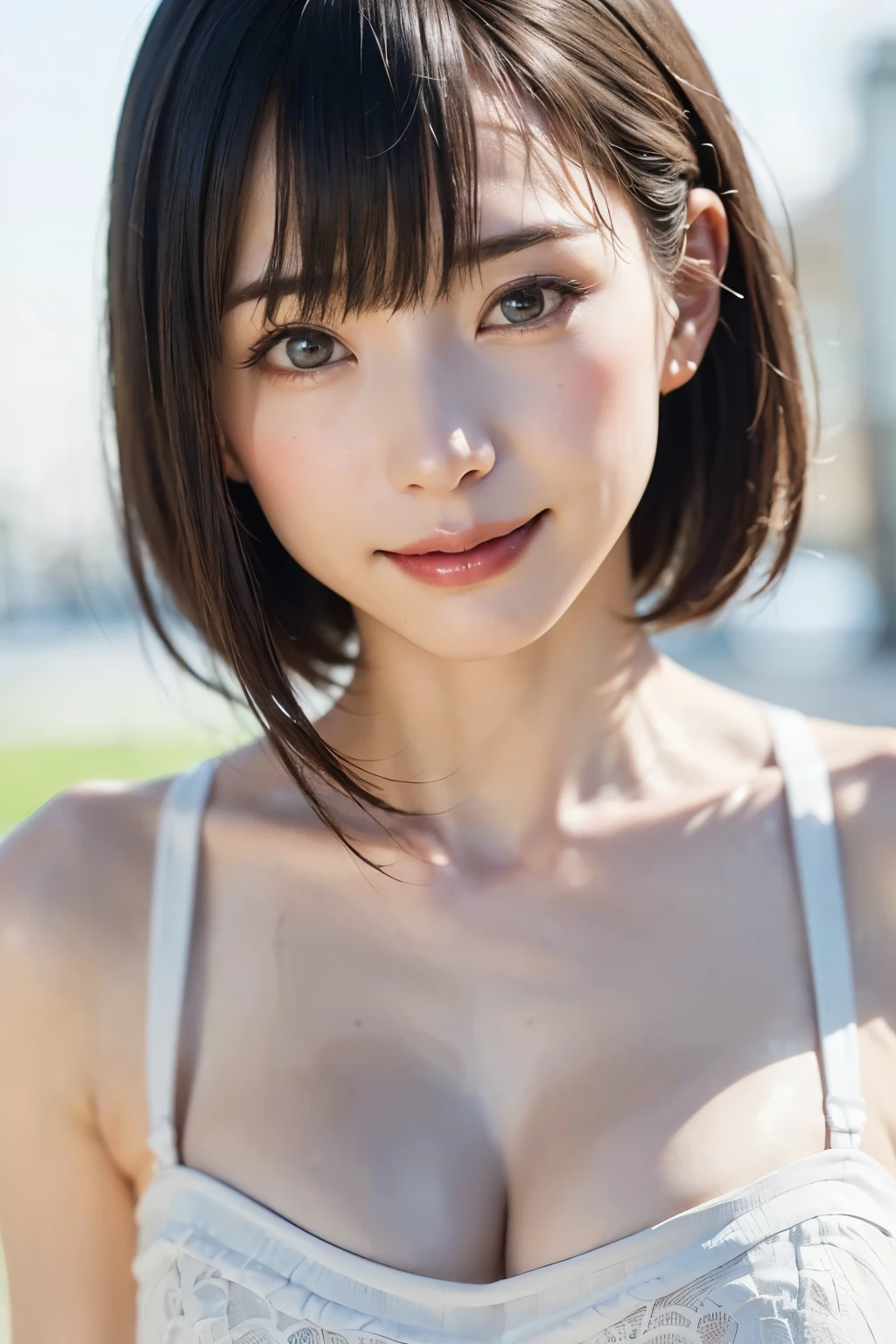 女の子1人、top-quality、realisitic、report、depth of fields、natural soft light、during daytime、魅惑的、beauitful face、Cleanliness、Pure face、de pele branca、cute hawk hair、bangss、the beach、rays of sunshine、Nedium Breast Body Esbian、((Beautiful face with sweater golden ratio Beautiful face with symmetry))、long neck、Put your ears out、bangssのあるきれいな短いボブヘア、Smile with your mouth closed:1.4、Smile with your mouth closed:1.4、perfect hand指、perfect hand、Perfect body、face perfect、Shine a light into the eyes、Perfect Anatomy:1.4、very cute super model:1.4