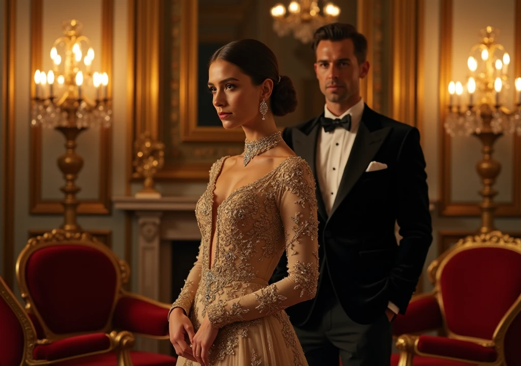 a spoiled socialite, a rebellious man, Amanda Seyfried, Gabriel Garko, romance story, photorealistic, dramatic lighting, cinematic, intricate details, chiaroscuro, moody colors, high contrast, oil painting style, dynamic poses, intense expressions, elegant fashion, luxurious setting, architectural elements, lush foliage, dramatic atmosphere