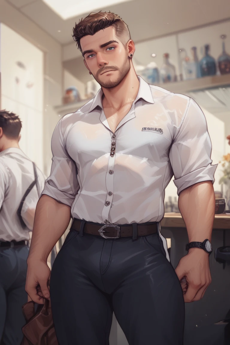 masterpiece, best quality, Face, Natural Eyes, European, Bigfoot, Black socks, whole body, White shirt ,Black suit pants,Big bulge, Long legs, Looking at the audience, 30 years old, muscular and mature, Slim waist, Short hairstyle,blue eyes, rinse, sex, Sweating, Tight cloth, Standing ,Face上有伤疤,