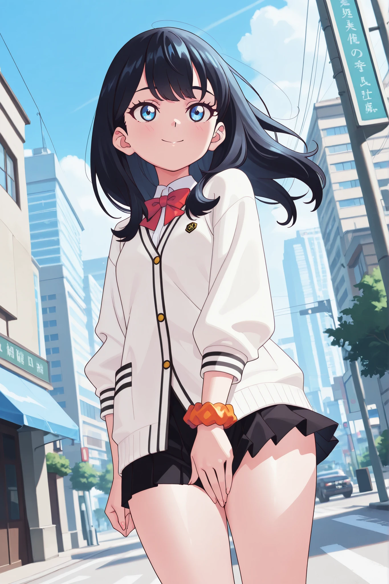 masterpiece、top-quality、Hi-Res、Takarada Rokka、Six flowers 1、1人、Takarada Rokka、A dark-haired、独奏、blue eyess、List scrunchie、Long、red socks、student clothes、a black skirt、bangss、pleatedskirt、orange scrunchie、Red ribbons、White cardigan、long-sleeve、a bow tie、lowfers、White shirt、a miniskirt、White sweater、huge tit、frombelow、look up to、look up to、panties on、White panties、is standing、full bodyesbian