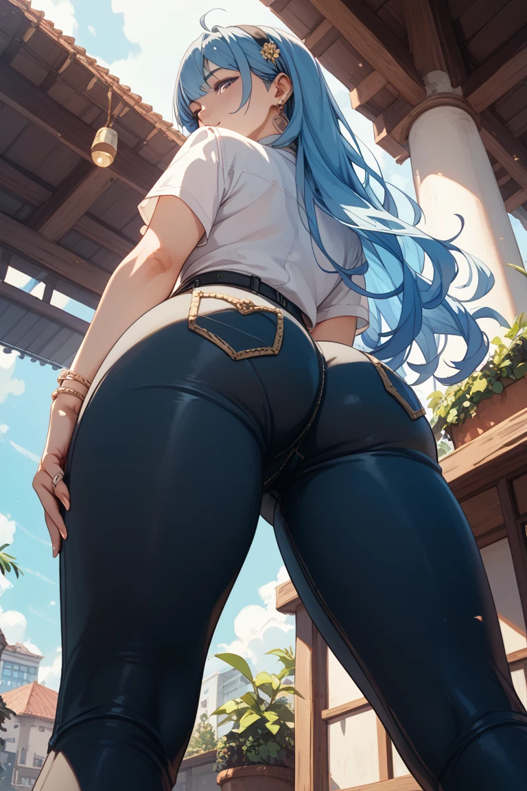 ShenheV4, silver hair, tight pants, sportswear, butt, seductive, thick thighs, nighttime meadow with a single tree in background view, night, realistic, best quality, masterpiece, ultra detail, ultra high res, extreme detail, ass, from behind, round ass, hair over one, breast, hair ornament
