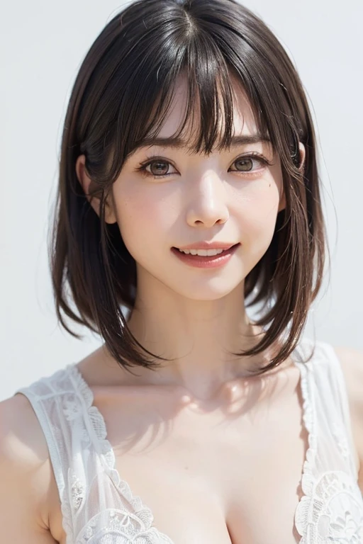 (highest quality,masterpiece:1.3,Ultra-high resolution),(Very detailed,Caustics,8k),(Realistic:1.4,RAW shooting),Japanese,28 years old,cute,I'm looking at the camera with a smile on my face,Black Hair,short hair,Duck mouth,Natural Makeup,big ,See-through，ブラなし レタスカットメッシュトップス See-through,Bust up shot,Warm Light,Natural light,Professional Writing