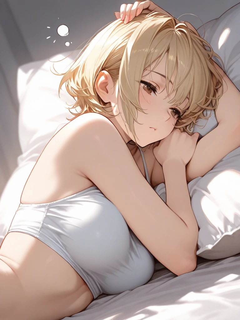 score_9, score_8_up, score_7_up, source_anime, best quality, masterpiece, official art, absurdres, highres, ultra-detailed,waifu2x,Collection: Slice of Life,break,1girl,mori girl, short hair, tank top, glasses, cleavage, large breasts, beautiful detailed eyes, sweat, open mouth, yawn, sleepily, indoors, bed, break,(clear line illustration:1.2), super detailed skin,very high resolution, very aesthetic, Best sexual lighting powered by famous artist, 8k,cute picture,beauty illustration,photoshop_(medium),,(Detailed Lighting),best anime 8k konachan wallpaper, pixiv contest winner, 