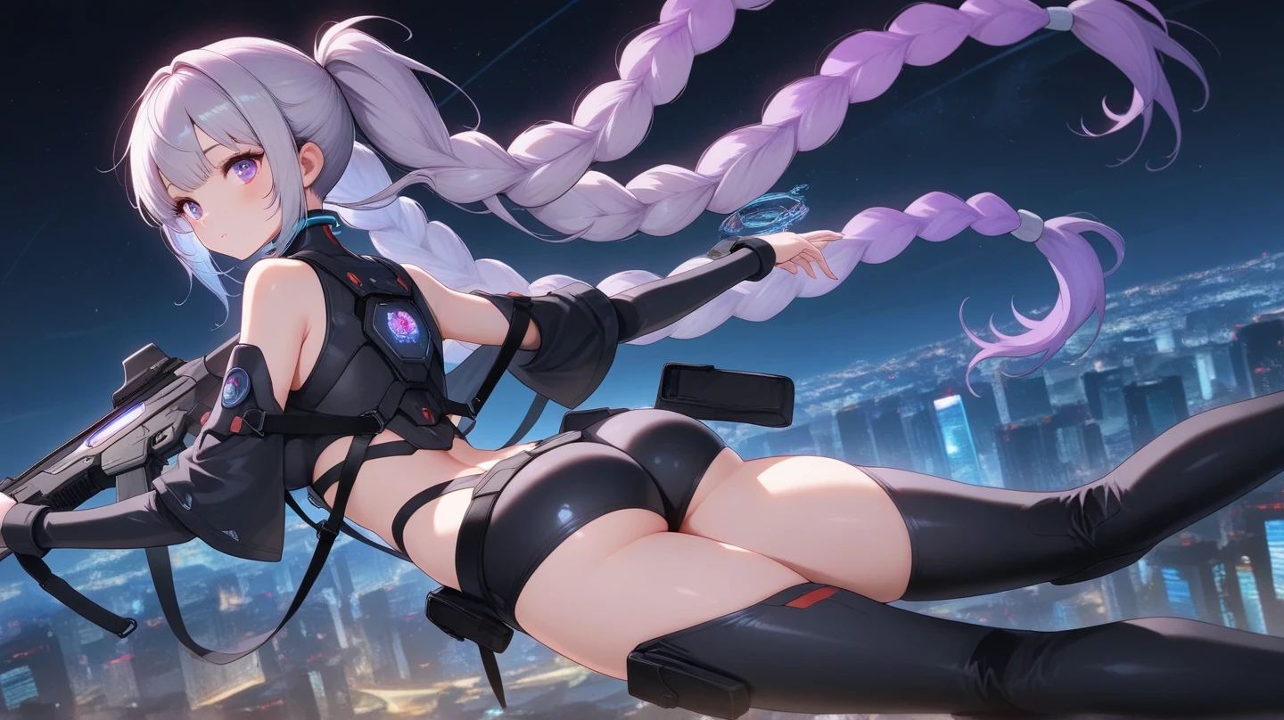 Anime Kawaii sexy Perfect Slim sensual body large breast and huge thighs, An intricate and highly detailed illustration of アニメ (Young girl). hair with highlights, shiny hair, hair capsules, multi colored eyes, moderno, アニメ, cinematic lighting, Glow Up, zoom layer, ass pov, ultra HD, texturized skin, super detaill, high qualiy, best qualityer, High details, work of art, cyber punk, futuristic metropolis, neon lights, Meia-noite, Secret agents in science fiction films, A spy wearing a highly functional suit, ((Purple Suit))