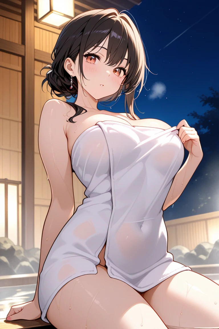 score_9, score_8_up, score_7_up, source_anime, best quality, amazing quality, very aesthetic, pov_doorway, 1girl, yellow eyes, room, wariza, short hair, Shag haircut, dark brown hair, portrait, blazer, starshadowmagician, solo, Adult woman, best perfect anatomy, thin, curvy body, grabbing her breast, showing her breast, cleavage, Deep brown eyes, (((She hides her body with a white bath towel, breast covered with towel)), spa, (large breasts)), slim and thin, body of equal proportions, ((focus on her breast)), front view, dynamic angle. perfect dynamic composition, night days, volumetric lighting, onsen backgrounds, Woman relaxing in hot spring, a soothing atmosphere, Quiet and calm background