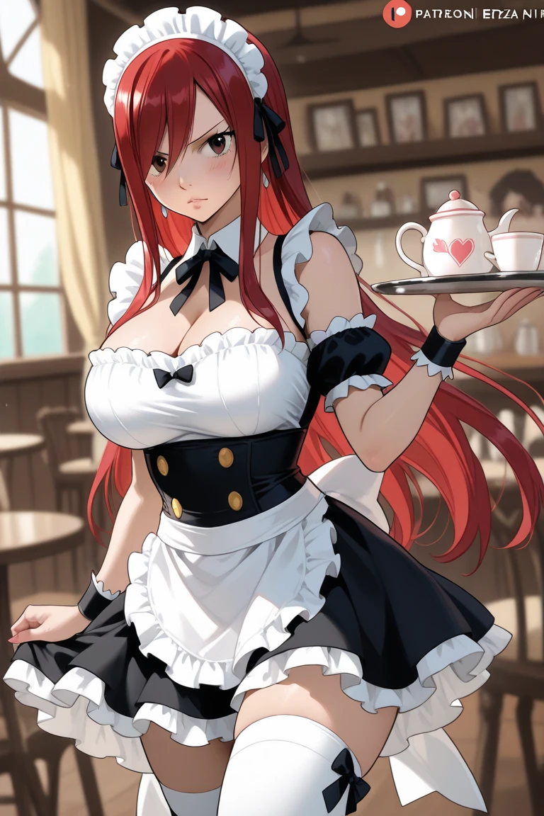 1girl in, 独奏, Nakano Nino, Pink hair, butterfly hair ornament, (barechested:1.3), (White apron),, cleavage of the breast, thighs thighs thighs thighs, Cafe background, (red blush:1.3), opening legs