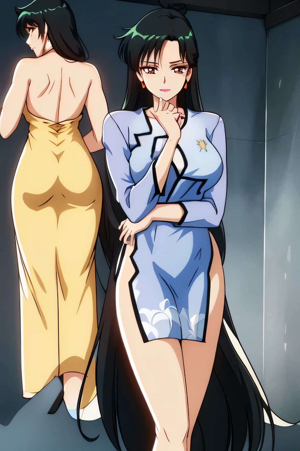 face is absolutely necessary, Can you draw shiny blue Chinese clothes,,standing,(draw a more delicate expression),(Chinese clothes with blue gold edging),( Chinese clothes with dragon embroidery)( dark blue panties ),(high heels)Can you draw shiny blue Chinese clothes by yourself, Faces are needed for the work, so don't crop , , 40歳大peopleの色気のある女性です、 , , Big breasts,but thin waist , people々Using Cinematic Lighting and Ray Tracing ,accurately drawing 5 fingers is very important for work