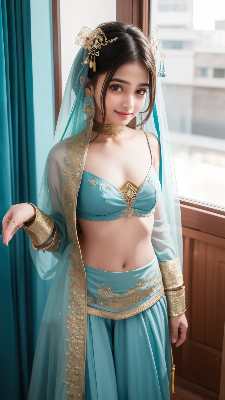8K, ultra high detailed small pakistani full sharara small poor girl, happy smiling, flowing hair, impressive hairstyle, detailed eyes, detailed lips, small pakistani girl, short height,small poor girl, poor shararah,she has thick thighs, little innocent face , wearing full sharara, indian traditional event, standing small poor girl,, whole body, full sharara, background wedding, showing downblouse breast
