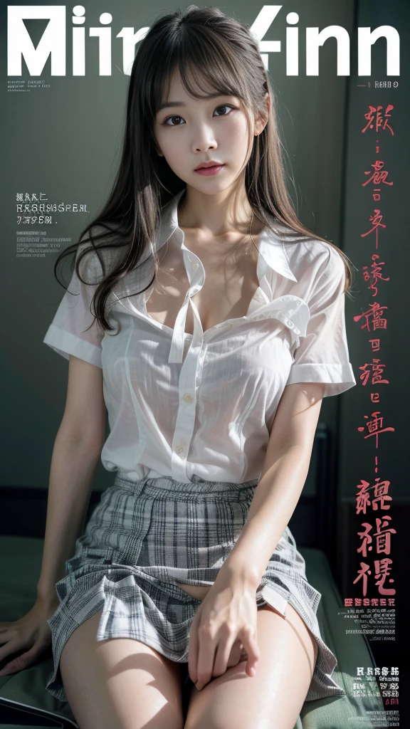 ​masterpiece, top-quality, full body Esbian, 1girl in, bangss, Black Choker, (((Skirt combing)))、((White lace panties))、(NSFW:1.6)、Black tie, A dark-haired, a blue skirt, red blush, A bracelet, breastsout, a choker, Clothing around the waist, 鎖骨, shirt with collar, cowboy  shot, (magazine:1.3), (cover-style:1.3), Fashionable, femele, with a vibrant, outfits, the pose, the front, Colorful, Dynamic, Background with, element, self-assured, expresive, ngel, statement, accessorized, An majestic, coil, surroundings, Touch, The scene, Texto, covers, It's bold, captures the attention, Titles, Stylish, Font, It's catchy, headline, The large, Impressive, moderno, Trendy, Focus, lo fashion,View here、