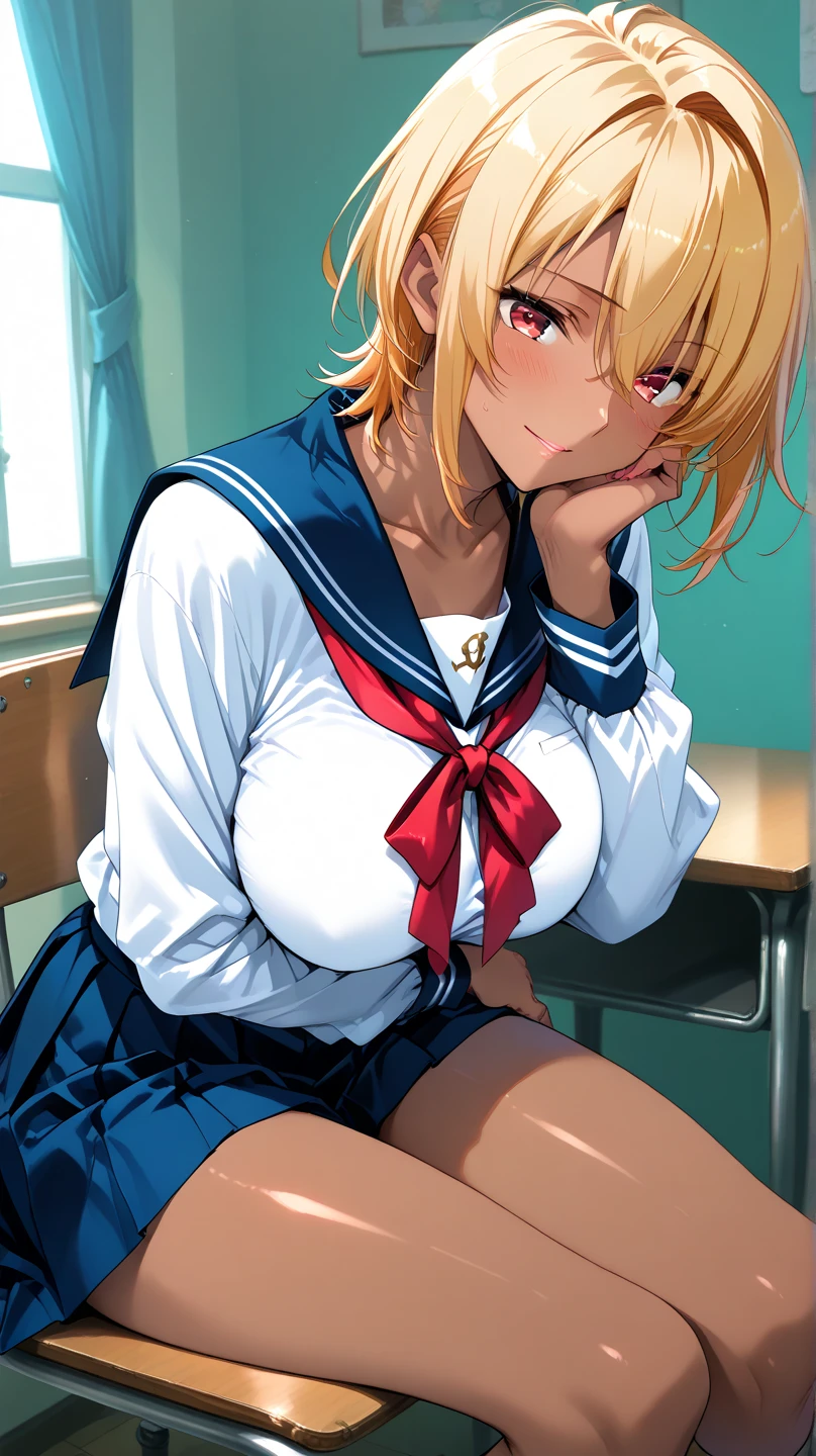 1 female,The perfect 20 years old,gal,((ideal ratio body proportions:1.3,small head:1.7)),((dark brown skin)),((high quality anime, 8k,masterpiece,Perfect Anatomy)),(beautiful detailed face and eyes,gorgeous eye:1.3), BREAK ,brown eyes, BREAK ,blonde hair,short bob hair,bangs, BREAK shy,smile,cowboy shot,small breasts,slender body, toned body,skinny,sweat, BREAK ,Academy Clothes、Dark blue blazer jacket、Red ribbon tie、pleated navy mini skirt, BREAK ,classroom、Academy、Tokyo、at night、