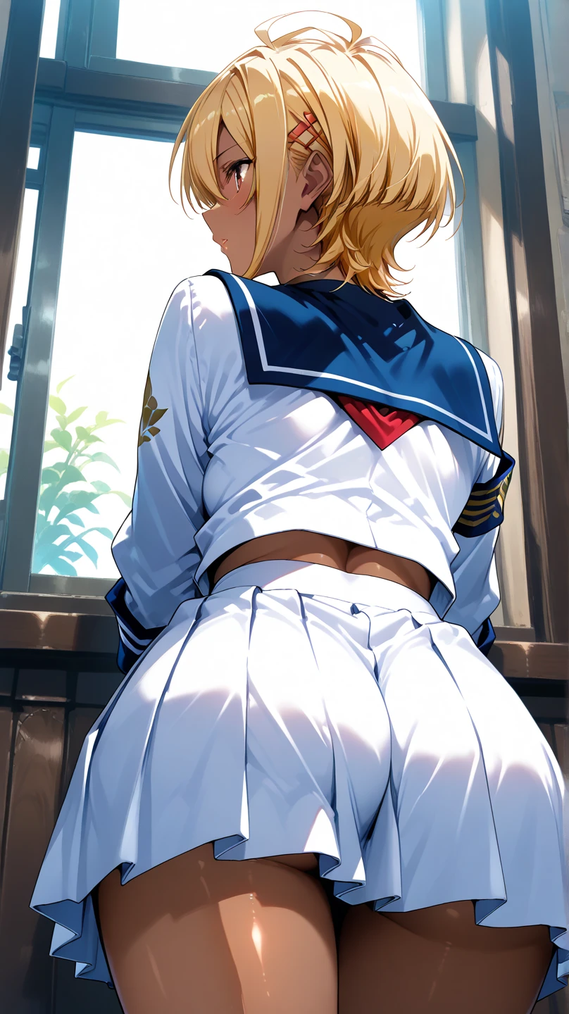 (best quality:1.1), (masterpiece:1.4), (absurdres:1.0), portrait, close-up,1girl, sailor uranus, KizukiAi, mature woman, small breasts, aqua eyes, blonde hair, sailor senshi uniform, sailor collar, chest bow, back bow, plead skirt, white elbow gloves, big booty, ultra mini skirt , jewelry, earrings,, in back pose, show her booty, backwards, no thong big booty, ultra mini skirt,   leaning with half of her body on a table, cleaning and cleaning, with her ass in the air, showing her entire butt, very nice ass in a tiny thong. ultra sexy.  (ULTRA DETAIL FACE) 