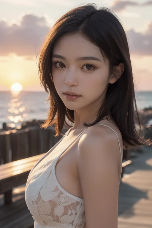 (Highest quality:1.4),(masterpiece:1.4),(Realistic:1.4),(Realistic:1.2),(超High resolution, RAW Photos:1.4),(High resolution, Very detailed:1.2),(8K:1.2),Movie Photos,a photo of a dark-haired,One Girl,alone,wear ,((one piece))、((Upper Body:1.3)),((Sunrise time/Sunrise time/Sunrise time:1.3))