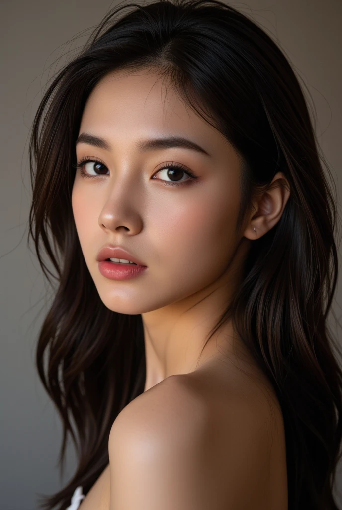 ((Best quality, 8k, Masterpiece: 1.3)), 1 girl, blue, full body, perfect face, mature woman, straight black hair, chubby, wearing strapless silky lace bra, (puffed huge breast, ample cleavage), detailed face, detailed eyes, double eyelids, cherry background, slim face, skyscrapers, depth of fields,