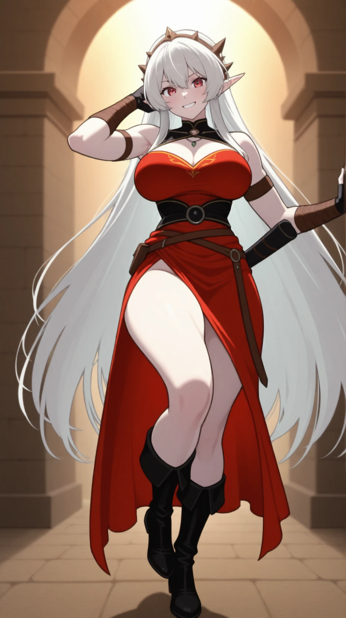 (((masterpiece,high resolution,best quality))), 1girl, solo,wine bottle,bare legs, large breasts, lying, on back, petals, looking at viewer, armpits, open mouth, solo, blush, wet clothes, heart, arms up, wet, bed sheet, origin, 1girl, red cape, boots, gloves, epaulettes, black corset, corset, black gloves, :d, black skirt, Pirotess, (yellow eyes), white hair, silver hair, very long hair, straight hair, solo, adult woman, tall, slightly muscular, large breasted, cleavage, constricted waist, Toned body, slight abs, thin dark skin, pointy ears, lipstick, makeup, black eyeshadow, circlet, white short dress, jewelry, bracelet, white gloves, thigh boots