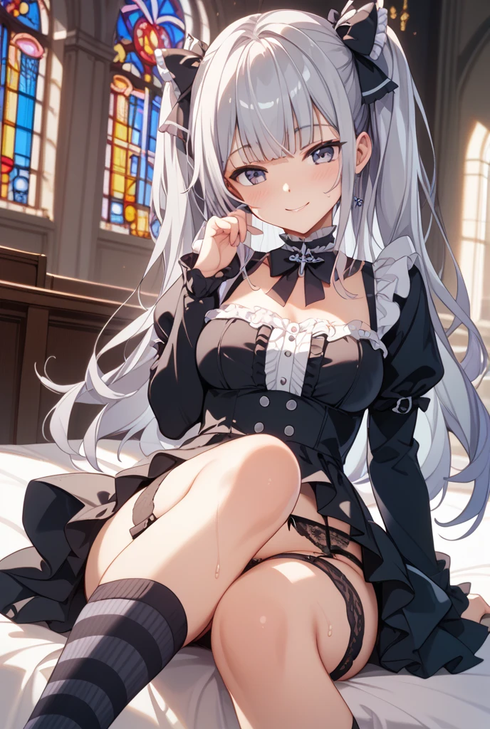 1girl,short hair,silver color hair,maid costume coordinate,black tights,short boots,curly hair twin tail,pale pigment girl,pure white girl,big breasts,church city,Beautiful lady,beautiful,face up,girl sitting, upward glance cute, standing with thighs spread to the left and right, smile, captivating genius, super detailed skin, (best lighting by a famous artist: 1.2), 8K, (acting instruction of charming poses by a famous master: 1.4) ,