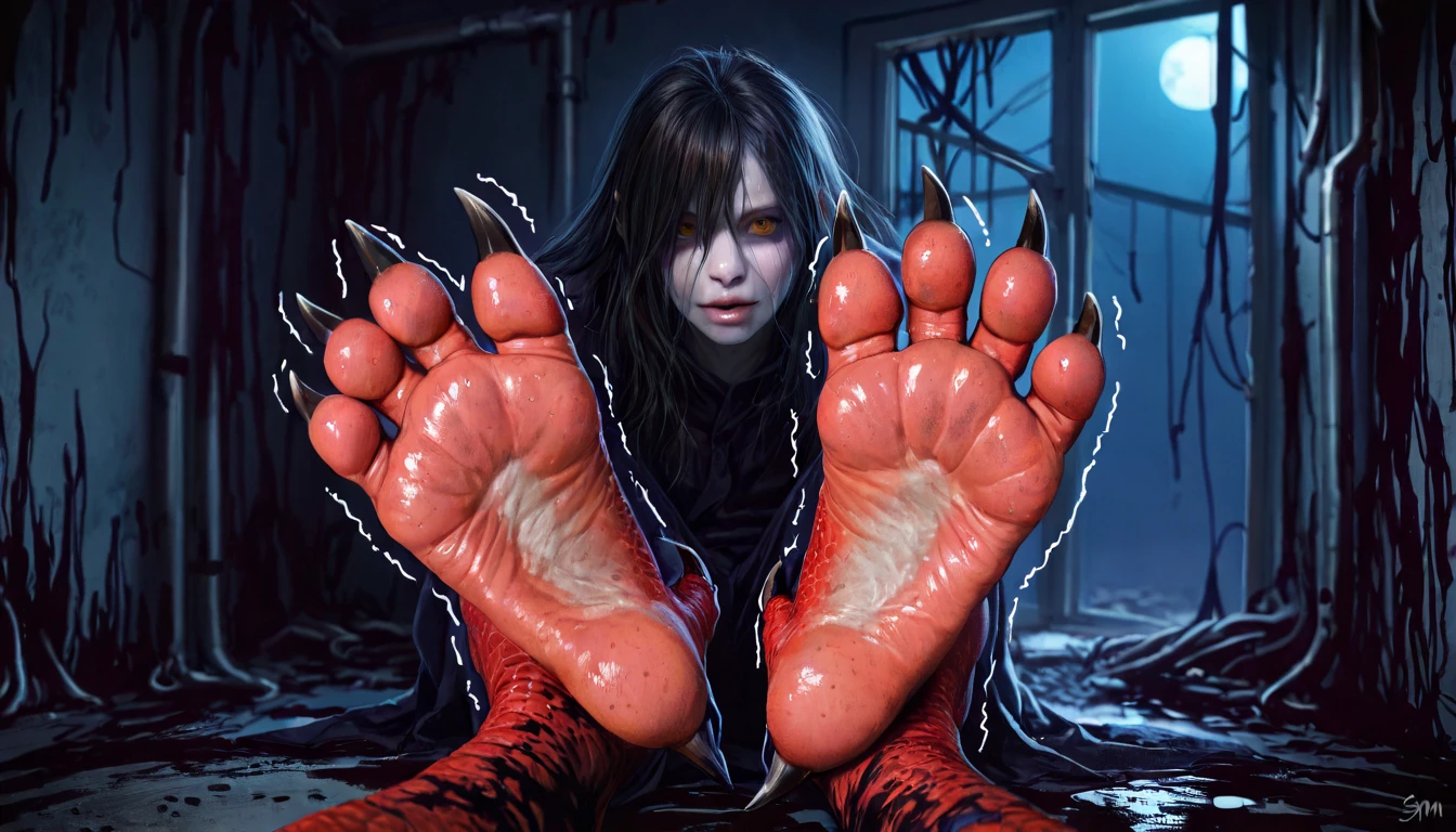 Woman, humanized, woman’s face anime style, wolf body, silverly black shaggy hair, blood red underbelly, blood red hands and feet, bone shards sticking out of feet and hands, lean, angular, wolf ears, bloody mouth, split jaw, jagged teeth, clear face, no error, woman’s face
