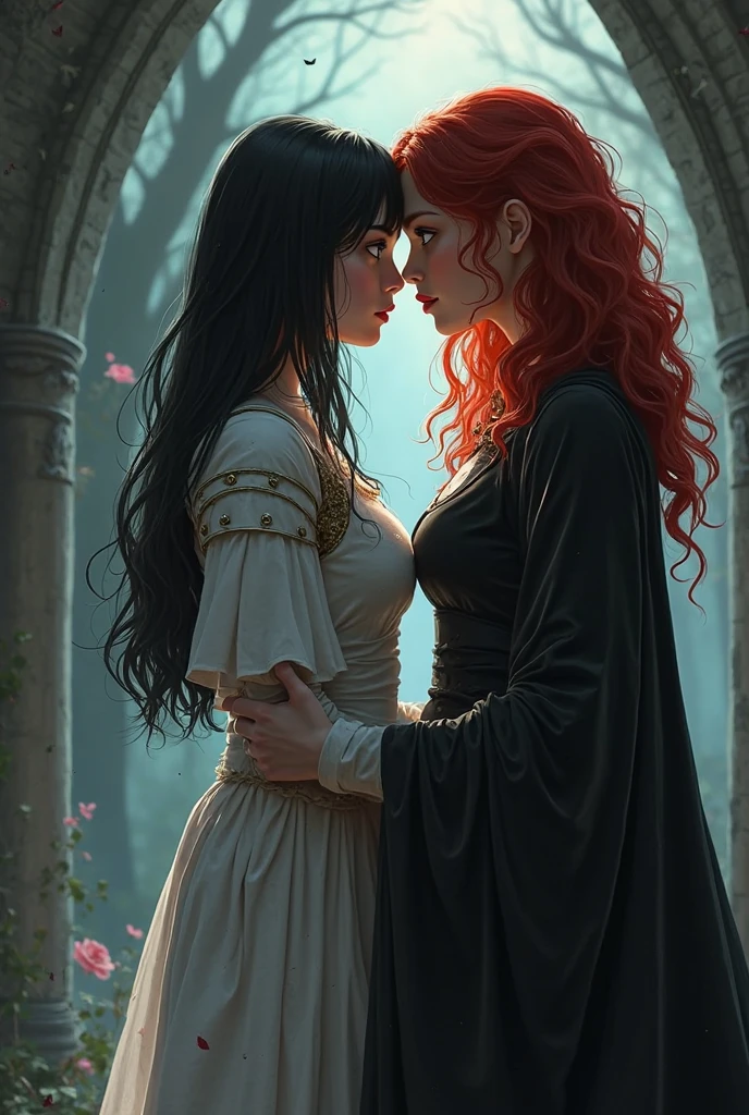A witch kisses a female knight. The knight is young and inexperienced ...