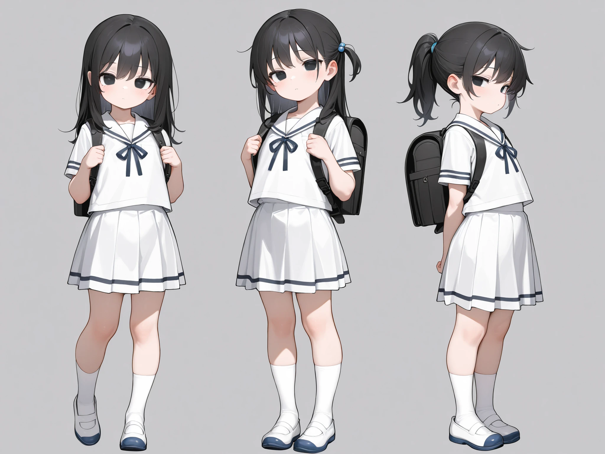 masterpiece, highest quality, Official Art, 8k wallpaper, Very detailed, figure, Small 1 person girl cute, with cute makeup, black Hair, Wide Hips, Big Ass, Round ass, wear high heels, wear short black t-shirt , with black glasses,Tight pencil skirt, Sailor Top, Backpack, Are standing, From the back, From the back, face surprised. FOCUS ALL BODY VIEW.