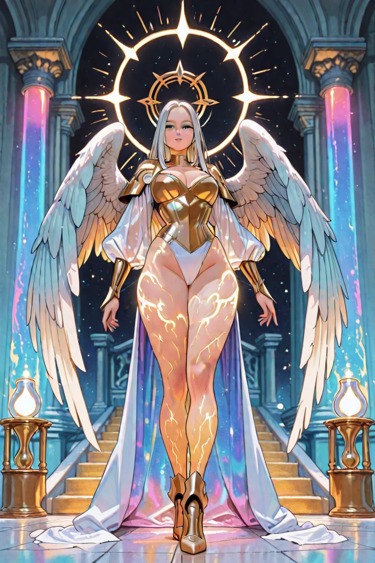 ((masterpiece)), ((8k resolution)), ((a  female angelic super villian)), white eyes, in heaven, muscular, strong, (((4k))), ((((highly detailed)))), strong, aura, glow, crystals, posing, feathers, halo, full body view, smiling, sexy, seductive, comic art style