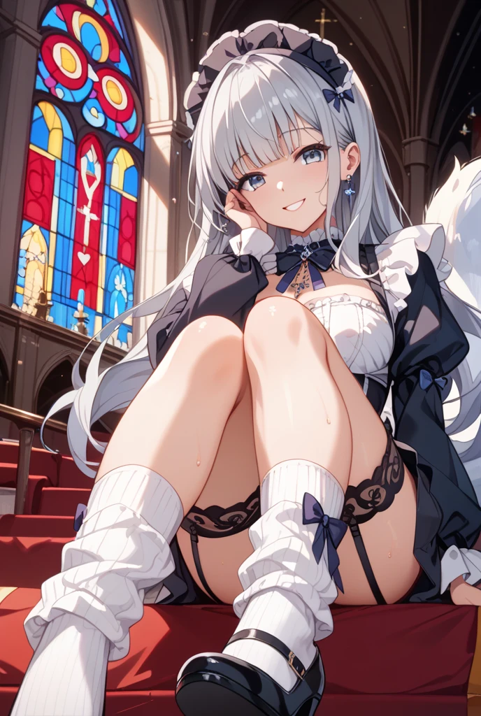 ((masterpiece)), (Highest quality), (Simple style), silver hair long hair blue eyes heaven angel wings  skirt panties sitting throne legs spread