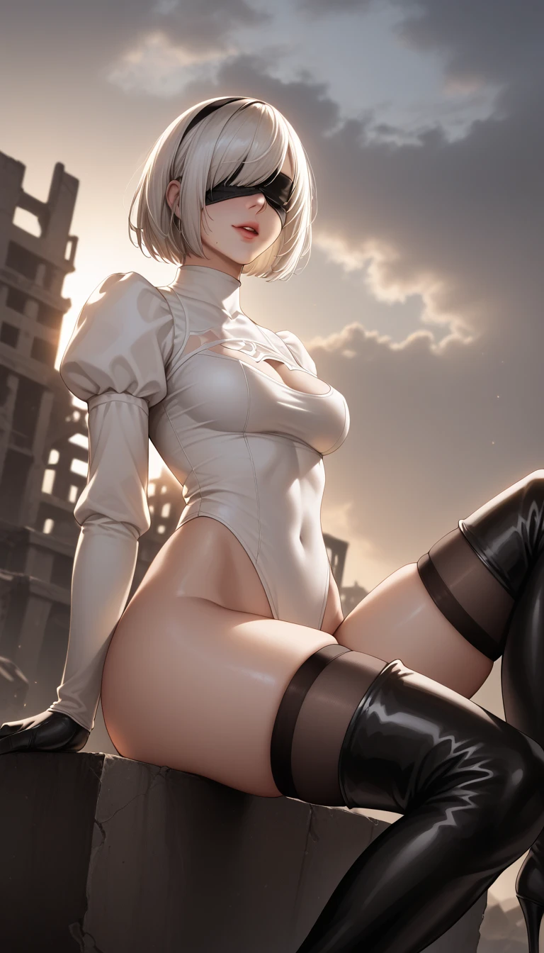 score_9, score_8_up, score_7_up, 32K,masterpiece, Highest Quality, Photoreal, super detail, bright color, dark lighting, cinematic lighting, 1 woman, inspired by Niehr:Automata 2b , bob cut, white hair, bang, mole under mouth, Blindfold, 2b leotard, chest cutout to reduce color saturation, Skirt, Thigh-length socks to wear under boots, Ruins, Desolate World, Ruined City,  Dark cloudy sky, Seductive Poses, dramatic angle,/Movie Lighting/最高masterpiece/Highest Quality/take various poses/sexy/Niehr Automata/Oilskin/sit with one leg raised/Masturbation/orgasm/ecstasy