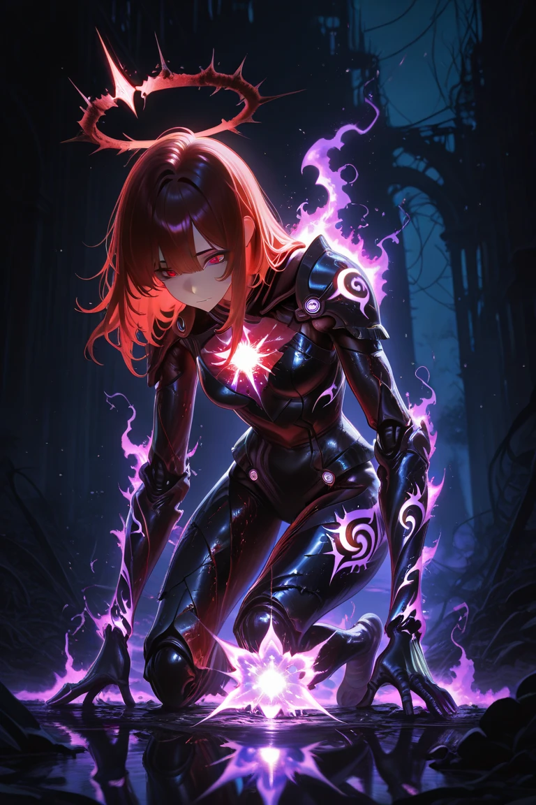 score_9, score_8_up, score_8_up, 1girl, depth of field, raw, intimate shot, (goth girl, face mask, ski mask, open jacket, off shoulder), nsfw, pierced nipples, ((glowing particles, flames)), large perfect breasts, (holding a weapon)