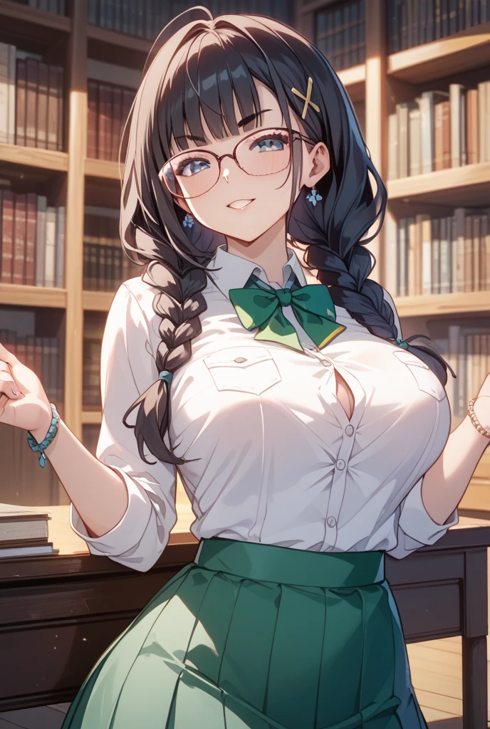 best quality, masterpiece, ultra-detailed, high quality, highres, takeda hiromitsu style, 1girl, mature female, beautiful, beautiful and perfect face, masterpiece, excellent quality, high quality, 1girl, from above, mature woman, tall female, (black hair, half updo, long hair:1.2), bangs, straight hair, eyelashes, cute face, detailed face, detailed eyes, eyelashes, brown eyes, glasses, staring, parted lips, detailed lips, large breasts, (tan sweater, black long skirt:1.2), penis on face, pov, penis over one eye, penis on head, cheek press, indoors, library, books, bookshelf