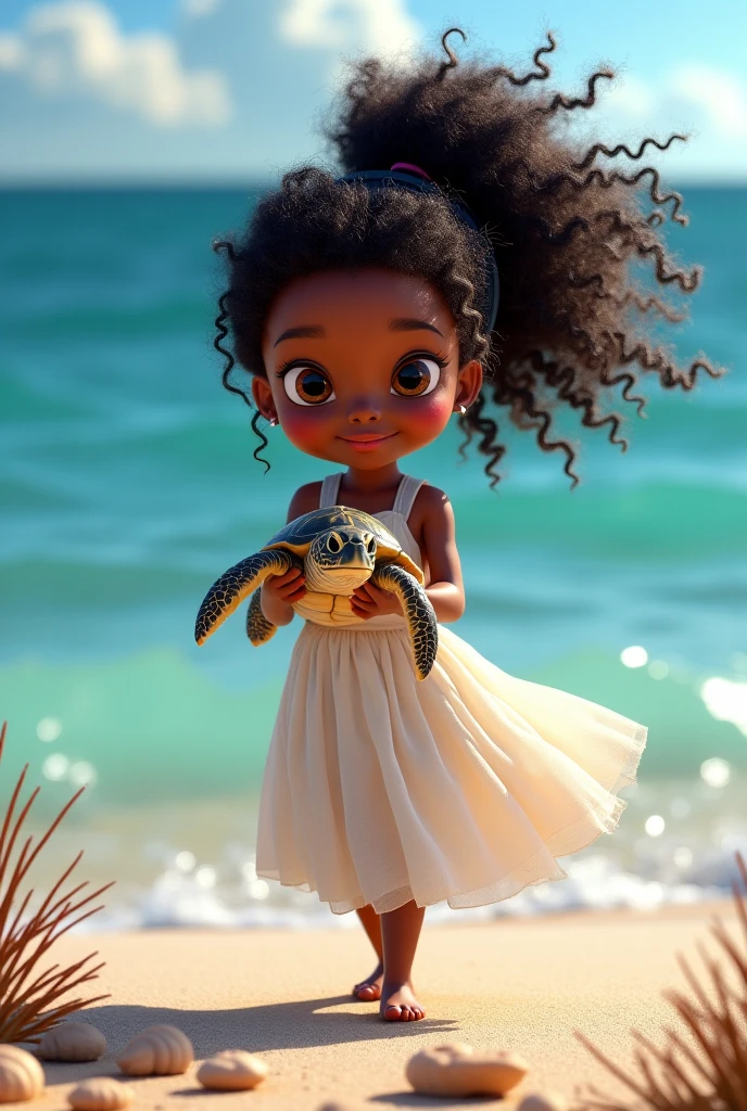 two years old dark skin short curly hair eyes round dark big silos full mouth dressed as a mermaid inside a shell holding a sea squid Pixar 3d