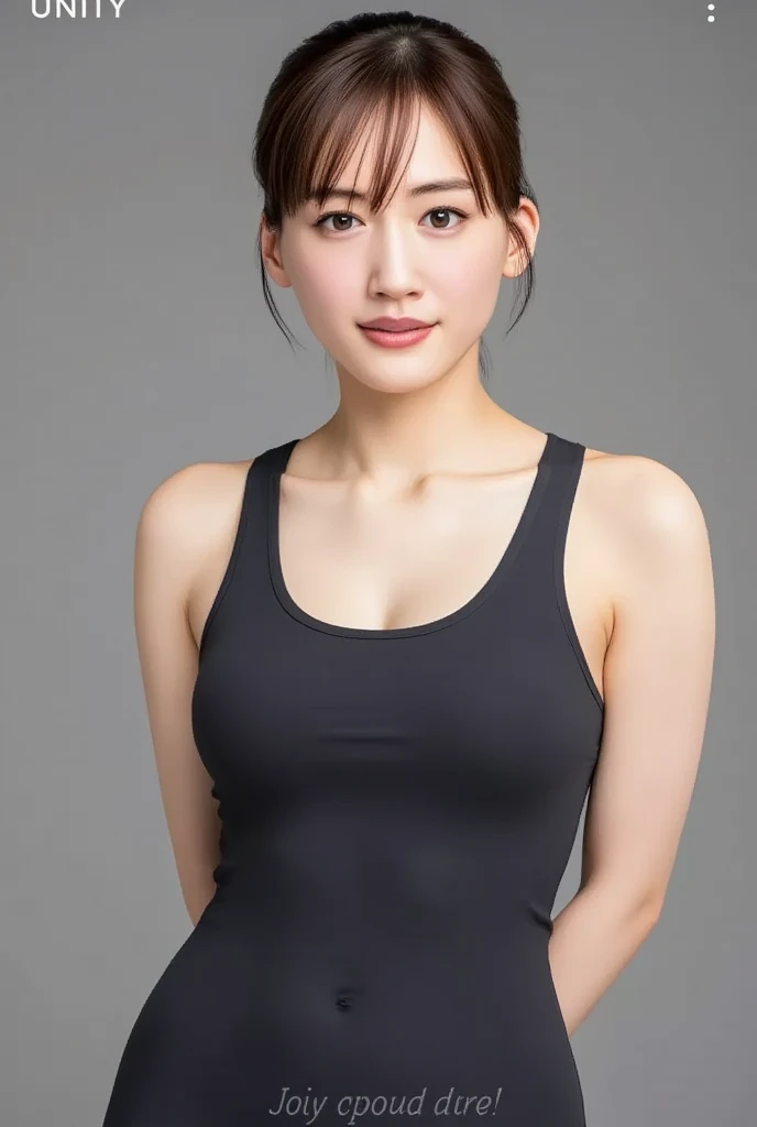 8k、High-resolution images、6 years old、(Baby Face:1.5)、(Round face:1.5)、One Japanese woman, beautiful girl, Pretty face, (Looking into the camera), (Standing facing the camera), (smile), (Training wear:1.4)、(Bloomers)、(Tank top:1.4)、(Black background:1.5)、Mouth closed