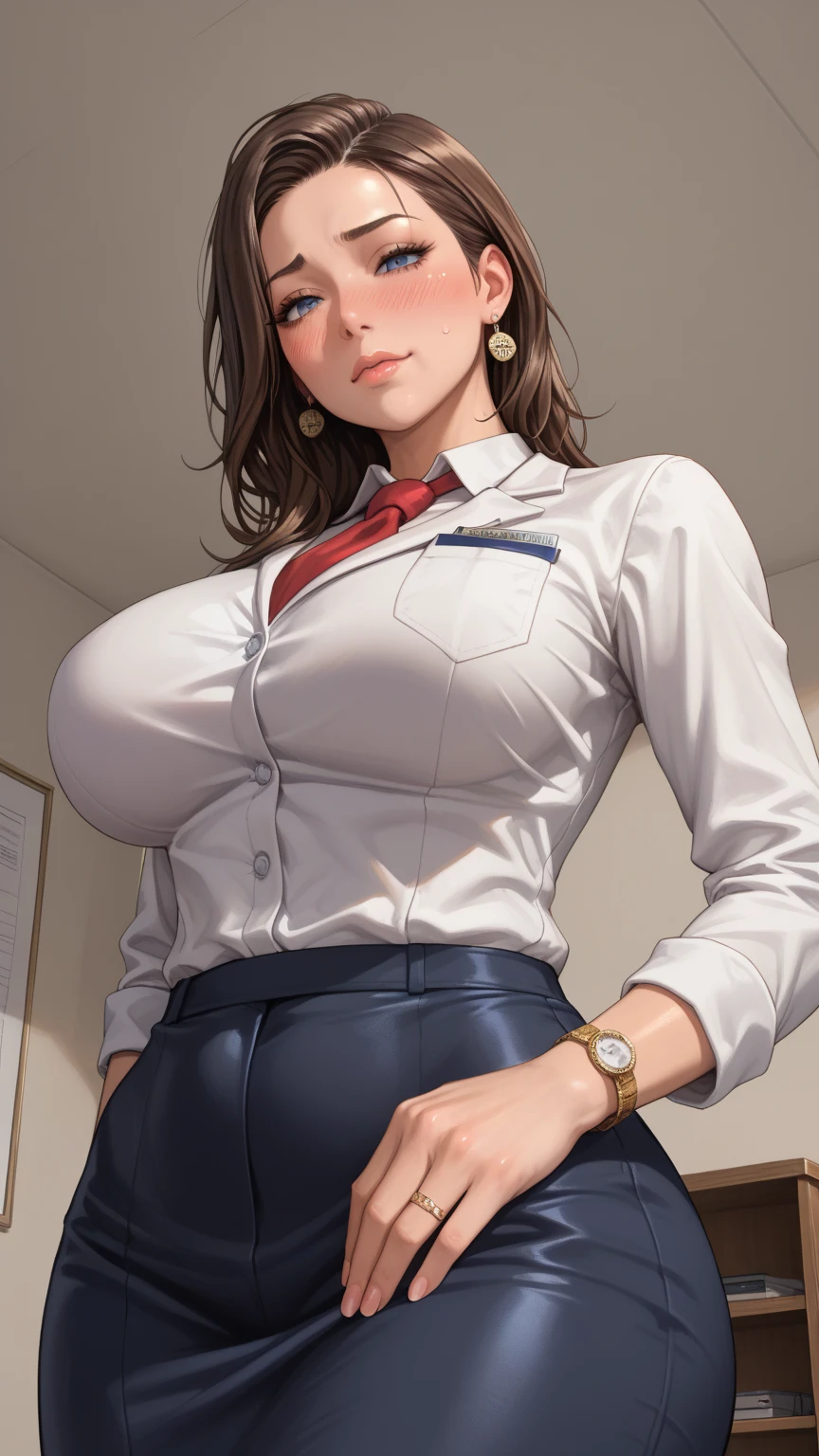 1girl, beautiful, perfect lighting, muscular, thighs, mature female, milf, navel, abs,((wearing business outfit:1.3, large cleavage, short miniskirt)), looking to other side,  (masterpiece, high quality:1.3) ,sweaty skin, ((at the office)), ((heated face:1.2))