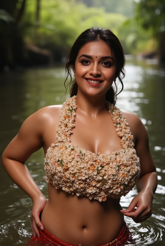Nsfw, day scene, angle from below, photo of naked (Jaya Prada:0.1), open arms, big cheeks, Hollywood lips, wet bra, perfect breasts, squatting in a garden, hourglass figure, armpits, (blue eyes:1), ponytail, necklace, 30 yo, look at viewer and smile, (cinematic:1.3), intricate details, (ArtStation:1.2)