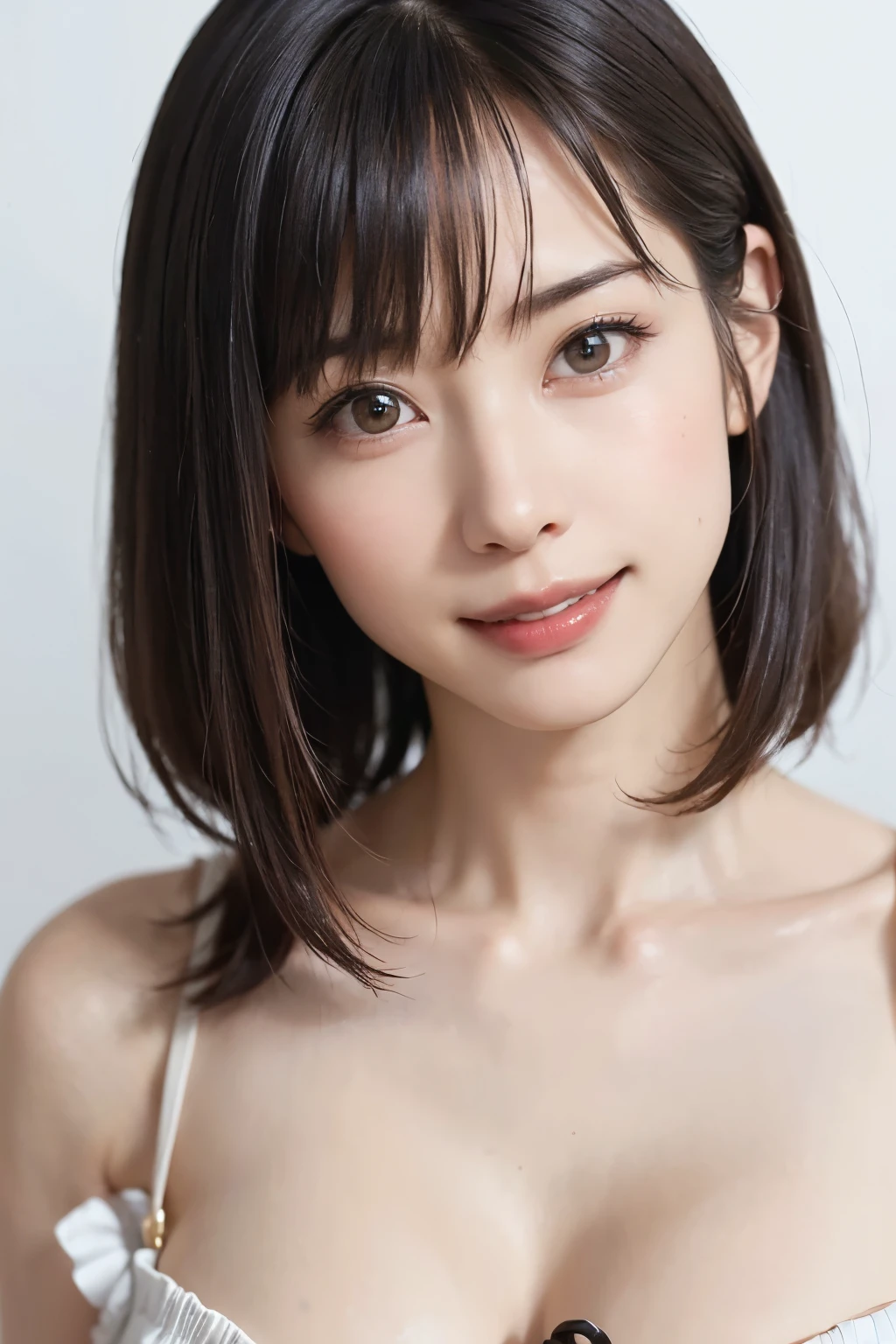 1 girl, alone, Beautiful Skin, very detaileded, ultra detaileded, Ultra-high resolution, (Photorealism:1.4), (highest quality), (Best Shadow), detailed, Perfect lighting, Black Hair, ((Showpiece, highest quality, High precision)), One Girl, (Realistic: 1.4), (look up at the camera even a little, カメラをlook up, look up, look up at the camera, Looking into the camera))), alone, White Background, snow-White Background, shut up., smile, pretty Black Hair, short hair:1.6, Big eyes, Beautiful double eyelids, eyelash, listen, Long neck, 美しいLong neck, Absolute area, ((Face close-up, short hair with bangs、Short Bob Hair:1.5、Off the shoulder)), 19 years old, Attractive proportions, Shiny skin, Beautiful clavicle, Golden ratio face, Perfect Face, Teardrop-shaped mole, Mole on chest, bangs, clean bangs, beautiful bangs, Lip gloss, Thin lips, White skin, I took off my clothes, Small face, Small face, 少し上を向いてLooking into the camera, ((smile a little for the camera, really nothing pure White Background, Listen carefully, big 胸、Dynamic Angle:1.5))