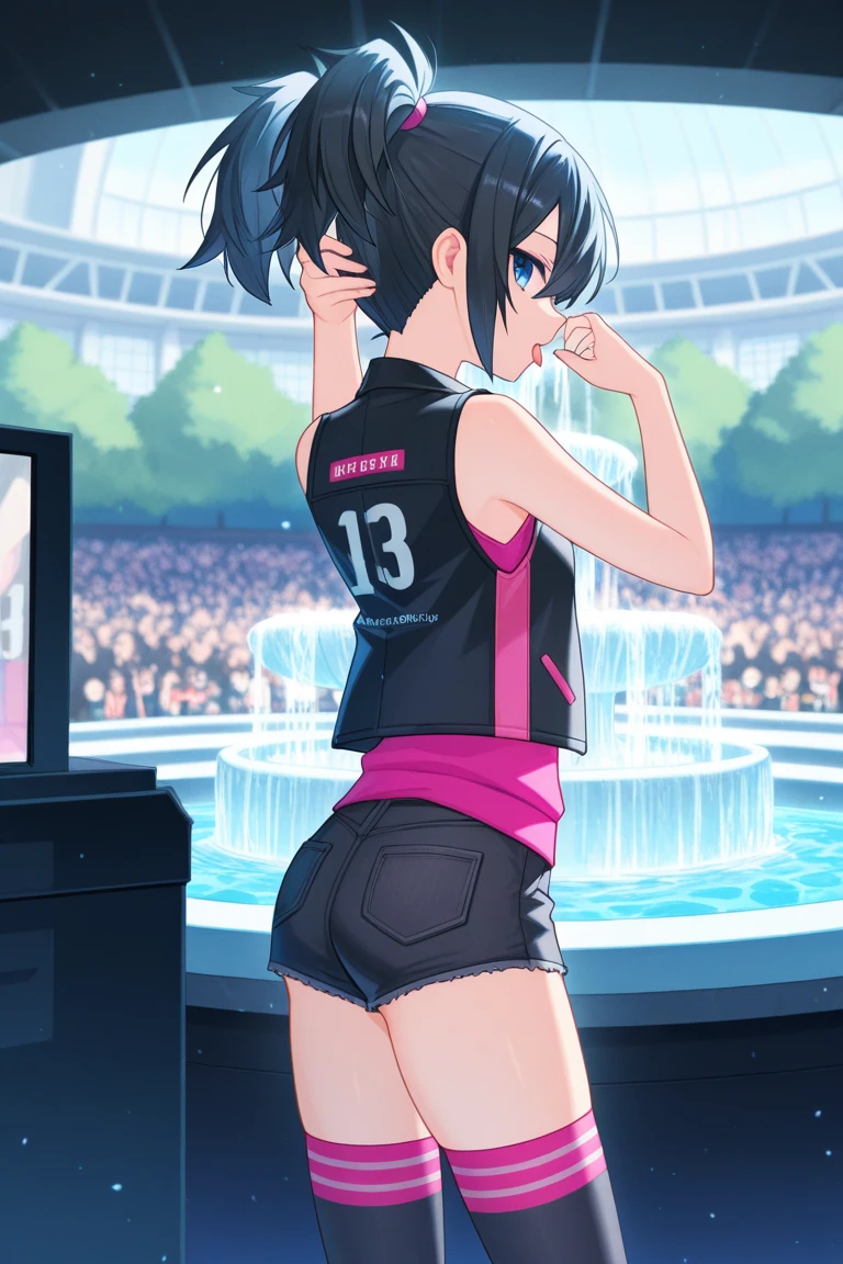 masterpiece, 8k, 1 girl, Looking at the audience, looking back, full body, perfect body, ( Photo distance : 0.4 )( expression details : 1.3 ), ( professional lighting), back, ass, bandaid, Black footwear, black shorts, form behind, Waist, shorts, medium chest, fine eyes, purple eyes, purple hair