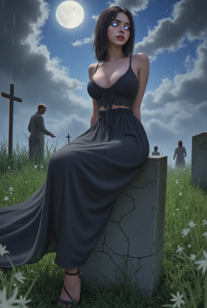 (front/standing/full body photo:2), (one/woman/zombie:1.5), (large breasts:1.8), body in several wounds, wearing black silk maid's clothes half transparent all torn, clothes extremely tight on the body, maid's headdress on the head, no skirt, she is inside a cemetery at night with fog and a full moon in the sky,  she has extremely pale skin, green eyes, blue hair, is doing exhibitionist pose for the viewer, is smiling, is staring at the viewer, anime style, 16k, UHD, masterpiece, high quality, high details, textured skin
