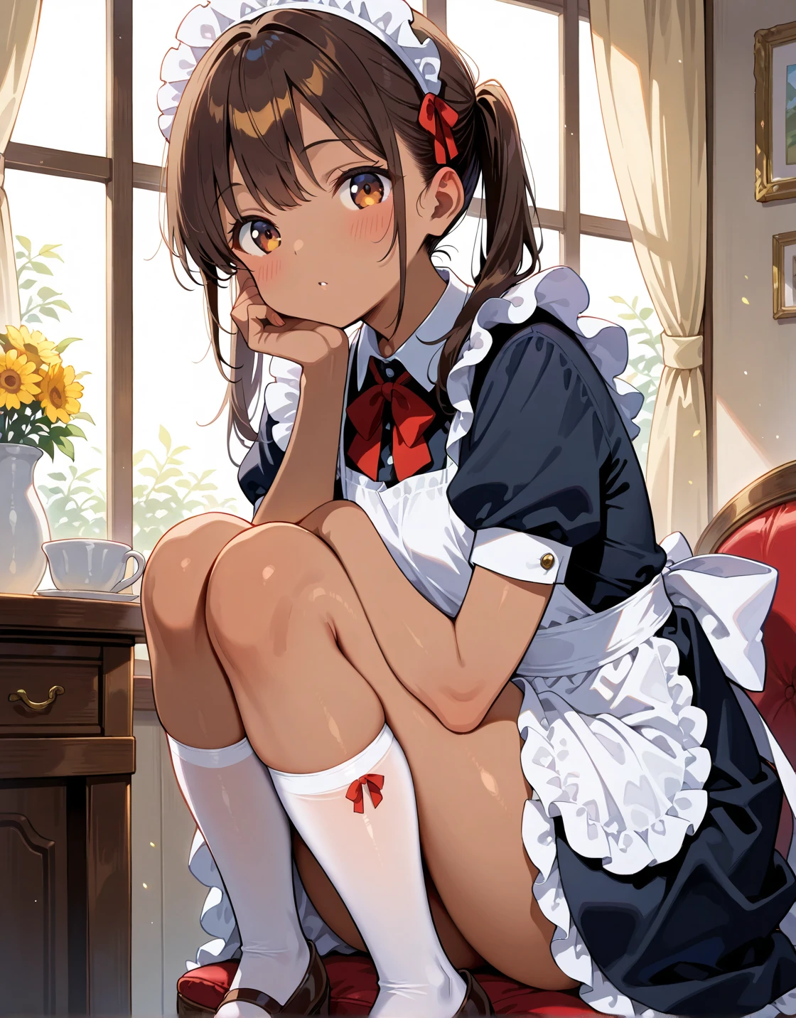 masterpiece, best quality, highres, kinomoto sakura, 1girl, brown hair, short hair, antenna hair, , green eyes, , white thighhighs, , sit on sofa,, smile,(),from below,open legs,my room,(((maid costume))),miniskirt,small breasts,open mouth,,,panties