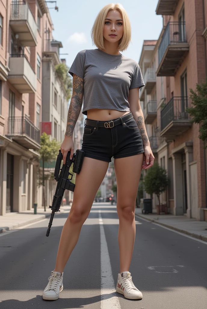 (Natalina Aurora, full body,purple short hair,white tank top,jeans shorts,tactical boots,smith & wesson model 500),oil painting,vivid colors,soft lighting,bokeh