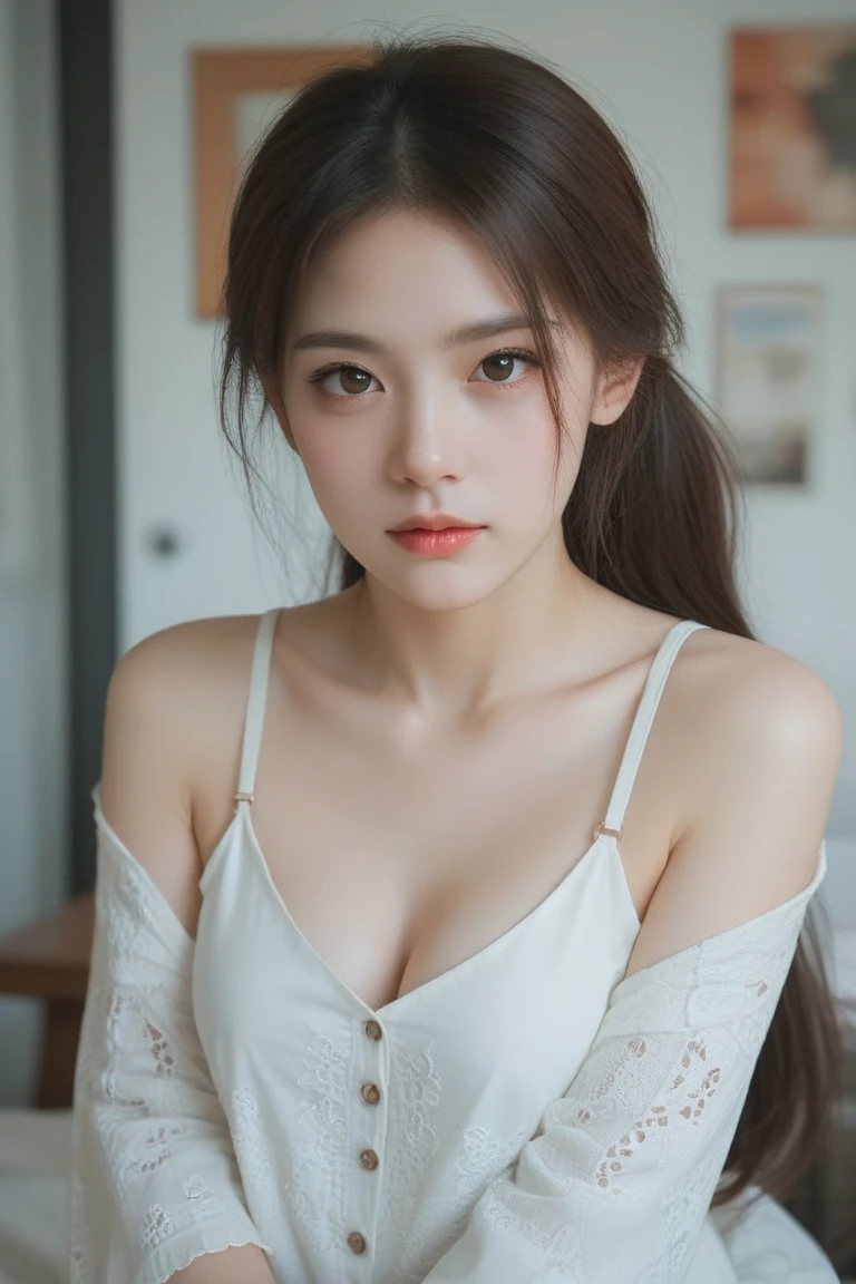 1girl, slender korean kpop idol and model ,ponytail hairstyle ,23 years old,soft body, big breast, fair skin,close-up, 8k, RAW photo, best quality, masterpiece,realistic, photo-realistic,cute,mansion , summer ,soft light, High image quality,( sexy solid dress , choker , erotic post