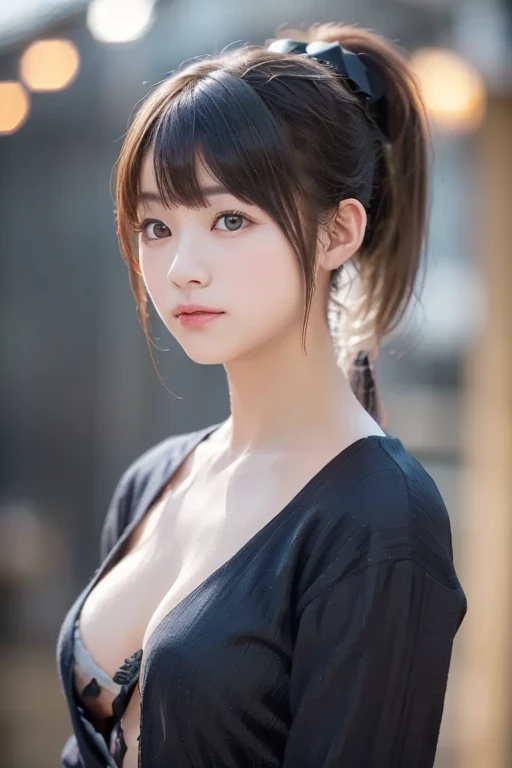 Very detailed、masterpiece、highest quality、Ultra-high resolution energy A、8K High Resolution、Photogenic transparency、Detailed eはい、Gradation、Perfect anatomical figure , Nikon Z9 80mm Lens, Hide your hands behind your head,Standing in the night、 Hair and bright eyes, Vibrant, Colorful lights and bokeh. The lighting casts a warm glow on her face and hair., Blue glow, Reflection on the surface of the water, (Big Breasts:1.8)、(Pink lips、plump lower lip:1.4)、(White lace sheer T-shirt、Red checked mini skirt:1.4)、(Black Hair、Blunt bangs, Braided Hair、The forehead is hidden by the bangs:1.4)、(from the front:1.8)