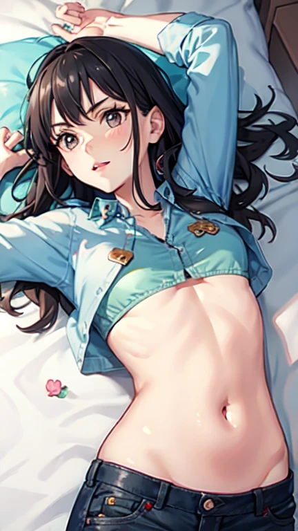 Nico robin de One Piece, Nico Robin with clothes from the Fishman Island saga, blusa curta azul com gola levantada, barriga de fora, saia rosa, pernas aparentes, she has protruding skin, pele suada, decote estravagante, seus seios saltam para fora da camisa, camisa azul com gola alta, camisa com decote, innerboobs, saia curta, pernas a mostra, groin-length skirt, linhas da vagina aparente, corpo esbelto, corpo perfeito, semelhante a um corpo divino, master piece, obra-prima, rosto perfeito, rosto semelhante a Nico robin do anime