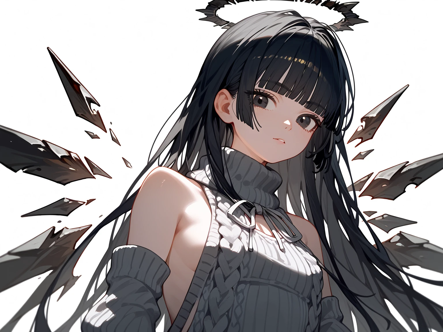 (score_9, score_8_up, score_7_up), 1girl, VirtuosaBase, cute, (chibi:0.7), black hair, blunt bangs, long hair, broken halo, energy wings, black eyes, mole under right eye, small breasts, virgin killer sweater, detached sleeves, gray sweater, single hand victory pose, hand on hip, leaning forward, looking at viewer, upper body, zoom out, white background, huge ass , ass , underboob ,under breasts , thighs , big thighs , thicc thighs , ass  , tanding split , standing spilt legs ,  thighs , side thighs , nude spreading legs , open legs , thighs , hips side, bottomless , no panties , no pants  , medium breasts , deep breasts grab , breast grab , grabbing breast