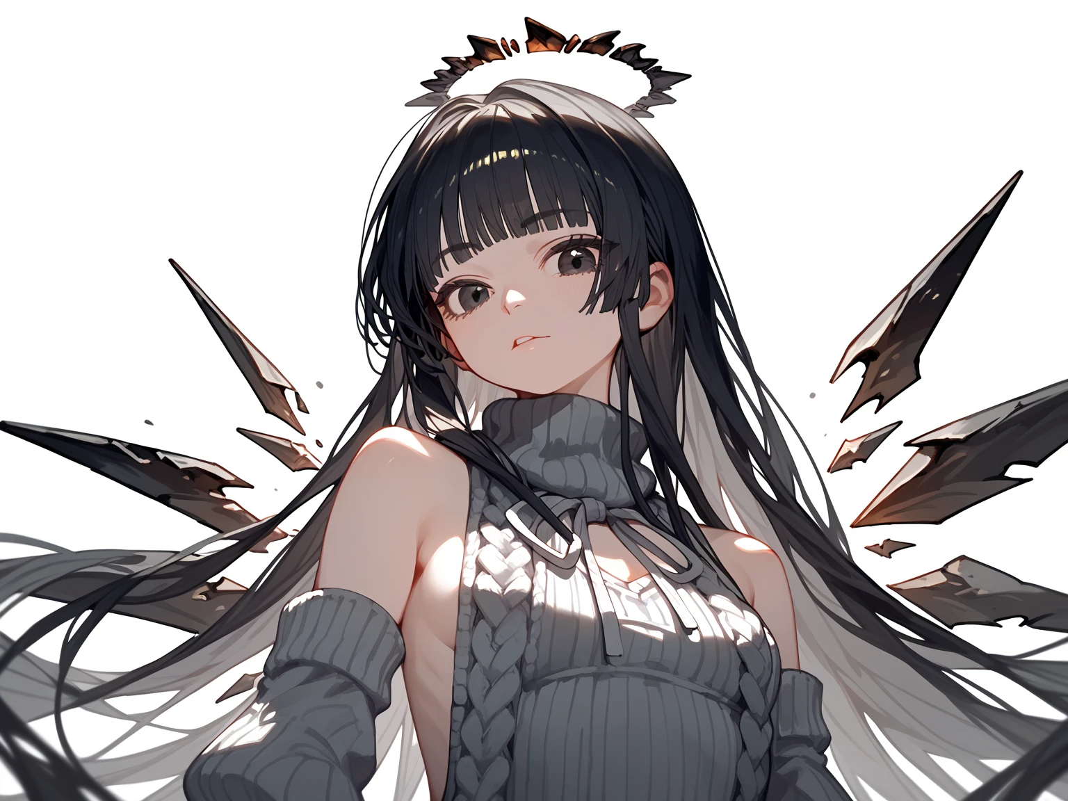 (score_9, score_8_up, score_7_up), 1girl, VirtuosaBase, cute young girl, (chibi:0.7), black hair, blunt bangs, long hair, broken halo, energy wings, black eyes, mole under right eye, small breasts, virgin killer sweater, detached sleeves, gray sweater, single hand victory pose, hand on hip, leaning forward, looking at viewer, upper body, zoom out, white background,