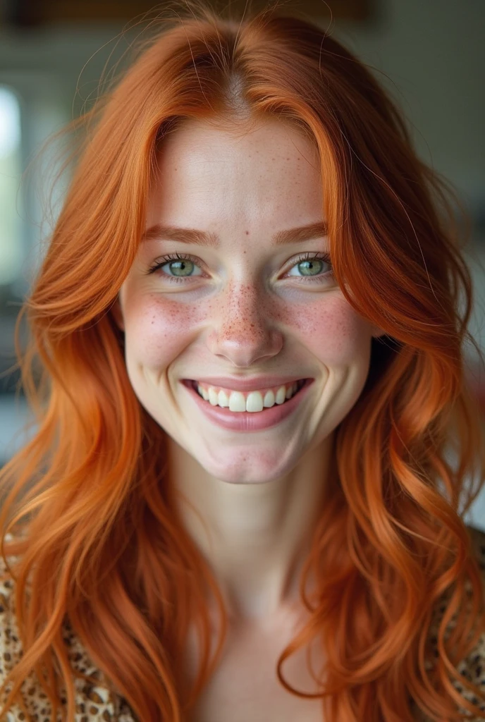 a red-haired teenage girl with dark green eyes smiling