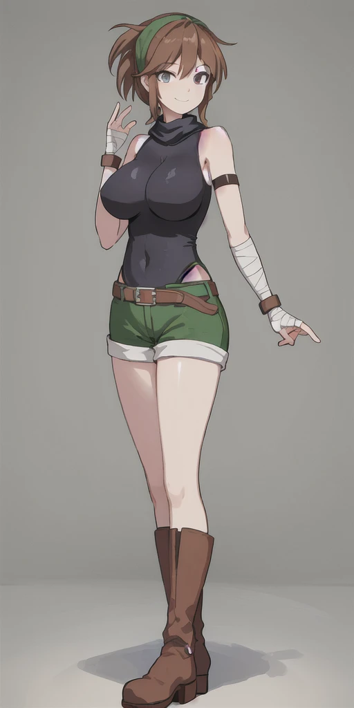 1girl, animal ears, bangs, bare shoulders, belt, black collar, black hairband, blush, breasts, cleavage, collar, collarbone, dog ears, dog girl, dog tail, fang, fantasy, floppy ears, from above, full body, green shorts, hair between eyes, hairband, indoors, large breasts, looking at viewer, midriff, multicolored hair, navel, open mouth, orange fur, orange hair, sandals, shiny, shiny hair, shirt, short hair with long locks, shorts, smile, solo, standing, tail