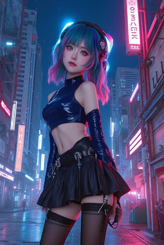 masutepiece, Best Quality, full body Esbian, 1girll, view the viewer, Confident girl，The expression is a little stylish, Popular Harajuku-style costumes, Bold colors and patterns, Eye-catching accessories, Trendy and innovative hairstyles, Bright makeup, Futuristic and dazzling cyberpunk cityscape, skyscraper, neon signs, led lights, Bright and vivid color scheme, anime big breast, Illustration, Detailed skin texture, Detailed Cloth Texture,  beautifull detailed face, Intricate details, ultra-detailliert.