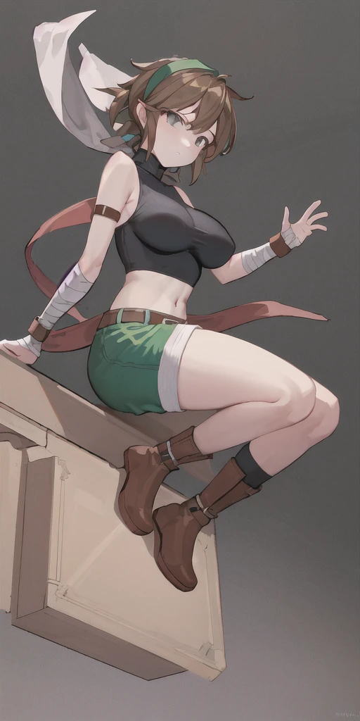 masterpiece, best quality, full body, barefoot, solo (female Android 18 lustful smirking smiling, smile face, red blushed, red cheeks) yellow bikini, hands on waist, navel, metal shoulders, gold sleeveless armbands, black leather choker collar, shackles bracelets, pauldrons, breastplate, leather corset, eye focus, full body, whole body, loincloth standing, hands on hips, metal sandals, backpack, twin big belt, view from below, feet together, bracers, tiara