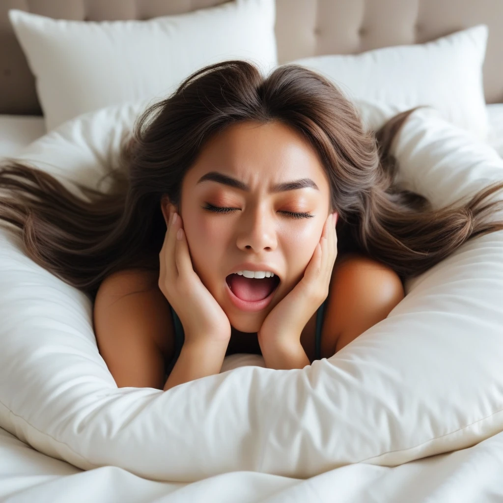 20-year-old girl in pajamas and a black top covered with a sheet on the bed and with her mouth open, the girl's mouth is big and open,, she has her tongue out, she is very sleepy, ela boceja muito ao mesmo tempo, boca totalmente aberta, ela tem a boca muito aberta, your mouth is exaggeratedly open and showing your tongue, has his eyes closed, facial expression of sleeping and just waking up, she's stretching out (one of the arms up and the other arm is in front of the mouth)