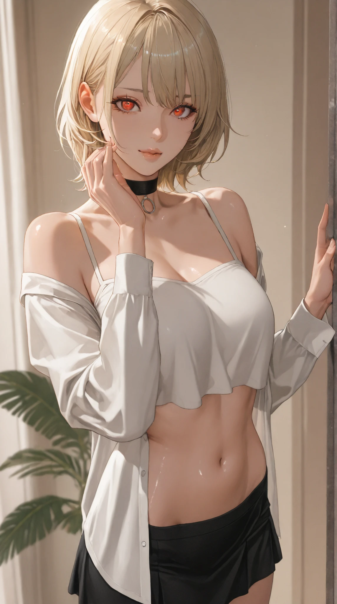 Highest quality, masterpiece, Ultra-high resolution, (Realistic:1.4), Beautiful woman, Open your mouth, Green V-neck T-shirt, Cleavage, Greenlee Jeans , Small breasts, Erect nipples, Curvy waist, Slim abs, Shiny skin, A captivating smile, bokeh, smile, Short jeans, ((bionde)), ((One-length haircuts)), ((ponytail)), ((White lace panties)), ((Both arms behind the head)), (((Wearing a black shirt))), (((Beautiful breasts)))