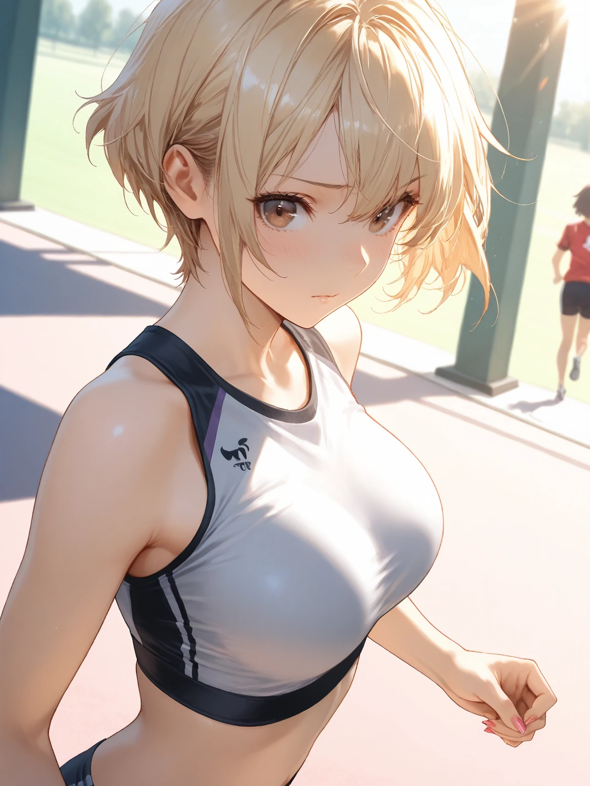 Japanese junior and senior high school girl Athletics Club activities Outdoors Raise both arms wide During a sprint competition Goal scene Beautiful girl Blonde Short hair Small breasts Slim Beautiful legs Delicate and beautiful skin White tank top Navel exposed Sweating profusely Hair is wild and disheveled shy expression