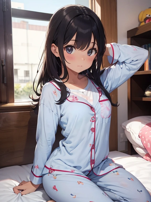 (Masterpiece, top quality, absolute resolution, real stick, realistic materials and textures, perfect anatomy), BREAK Subject: Photo girl Subtitle: Junior high school girls, thighs, small, cute, Kigurumi pajamas BREAK pink kawaii room , pink gothic room, messy room, Marchen, macarons, Candy, heart item, ribbon,star item, small window, (Miscellaneous goods are placed in a mess:1.3),dresser, antimacassar ,