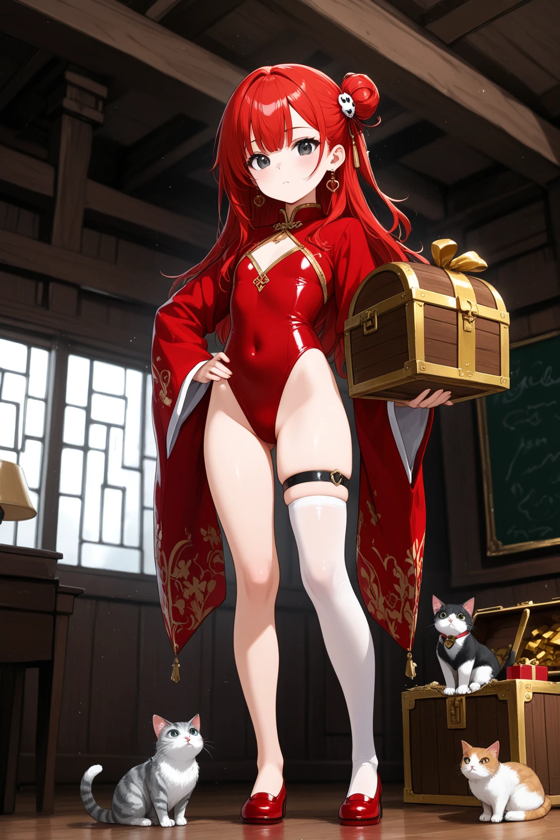 8k, best quality, masterpiece, clear, professional lighting, beautiful face, 1girl, solo, long hair, long sleeves, hair ornament, jewelry, thighs, earrings, red hair, Flat Chest、shoes, wide sleeves, white thighhighs, black eyes, thigh strap, covered navel, single hair bun, red footwear, single thighhigh, highleg leotard, single side bun, red leotard、school room、The cat's return of gratitude, cat, a gentleman cat in formal attire, a gift, a gentleman cat carrying a large treasure ,